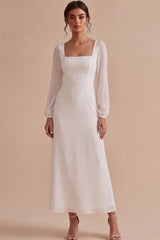 White Sheath Chiffon Square Neck Long Sleeves Engagement Dress