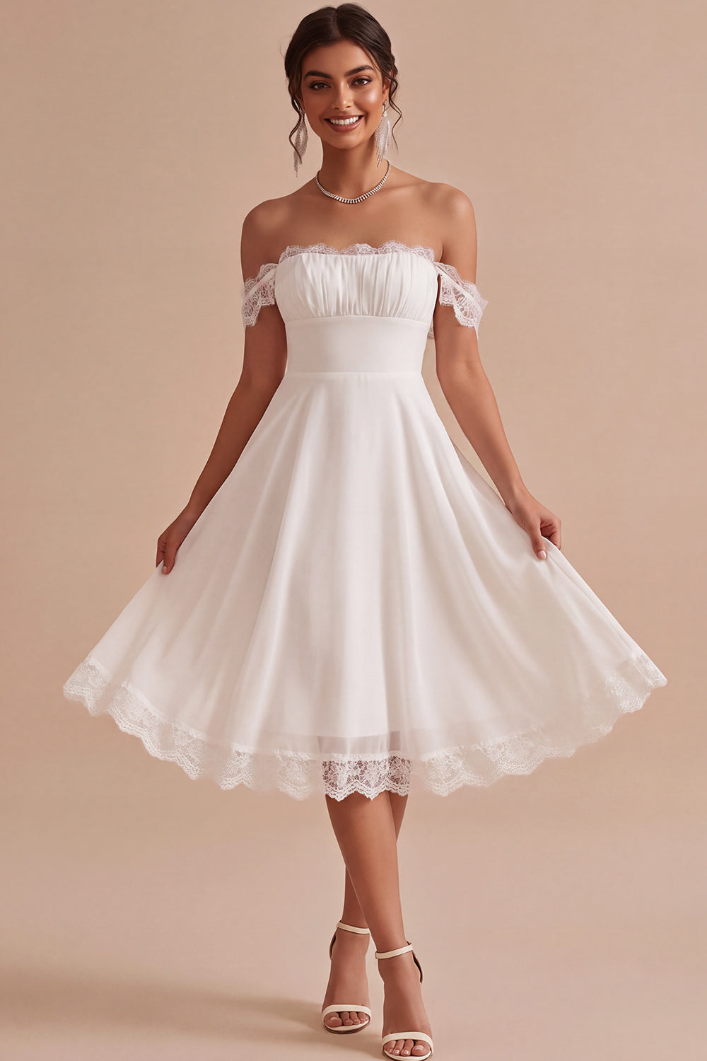 White A Line Chiffon Ruched Midi Engagement Dress with Lace