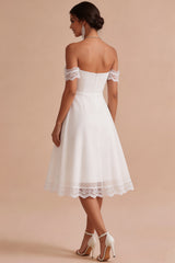 White A Line Chiffon Ruched Midi Engagement Dress with Lace