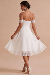 White A Line Chiffon Ruched Midi Engagement Dress with Lace