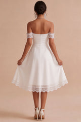 White A Line Chiffon Ruched Midi Engagement Dress with Lace