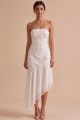 White Floral Strapless Chiffon Asymmetrical Engagement Dress