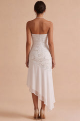 White Floral Strapless Chiffon Asymmetrical Engagement Dress