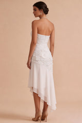 White Floral Strapless Chiffon Asymmetrical Engagement Dress
