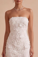 White Floral Strapless Chiffon Asymmetrical Engagement Dress