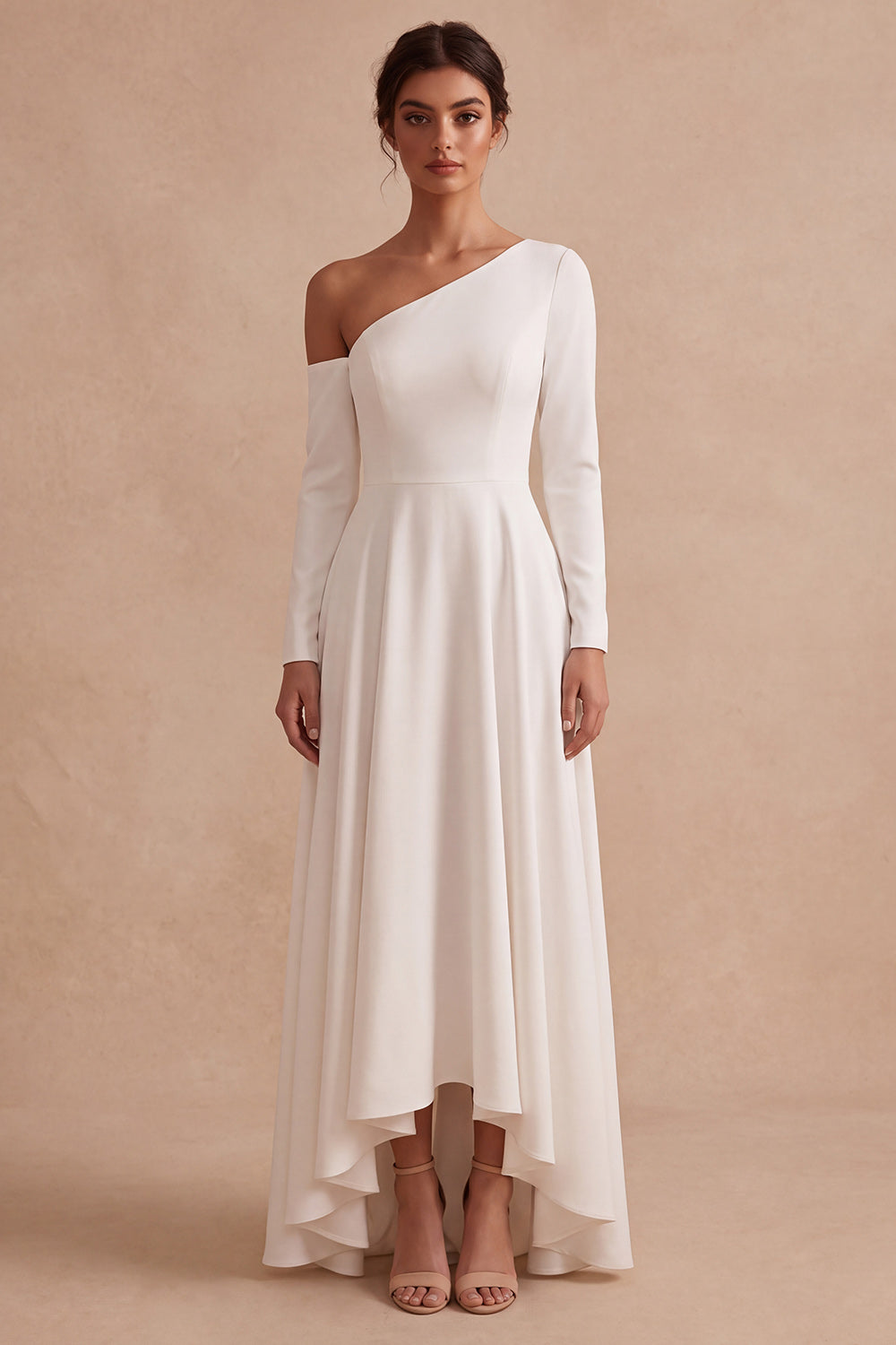 White A Line One Shoulder High-Low Engagement Dress with Sleeves