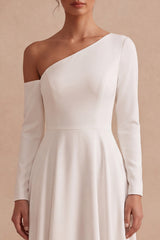 White A Line One Shoulder High-Low Engagement Dress with Sleeves