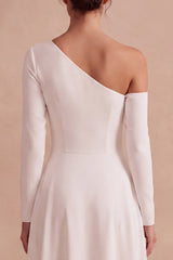 White A Line One Shoulder High-Low Engagement Dress with Sleeves
