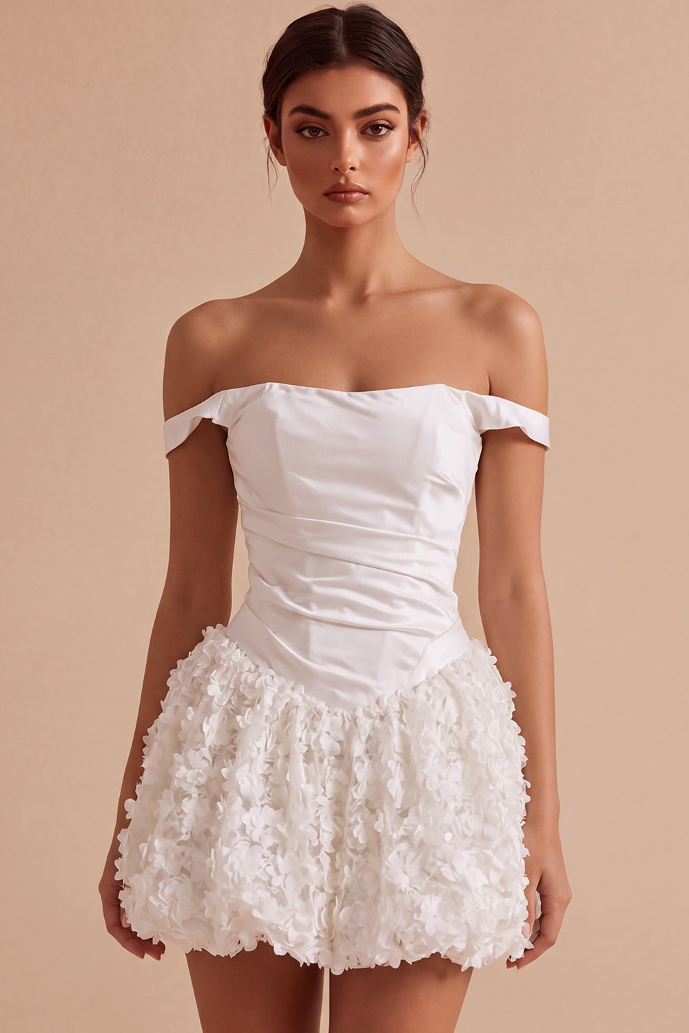 White Ruched A Line Short Corset Graduation Dress with 3D Flower