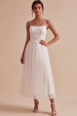 White Floral A-Line Spaghetti Straps Maxi Beach Wedding Dress