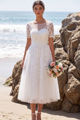 White Floral Tulle A-Line Midi Beach Wedding Dress with Sleeves