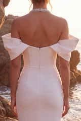 White Beaded Sheath Cold Shoulder Maxi Wedding Dress