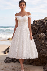 A-Line White Lace Off the Shoulder Midi Boho Wedding Dress