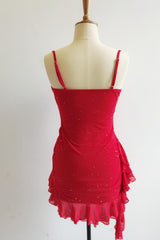 Straps Red Sparkle Fitted Dress with Ruffles