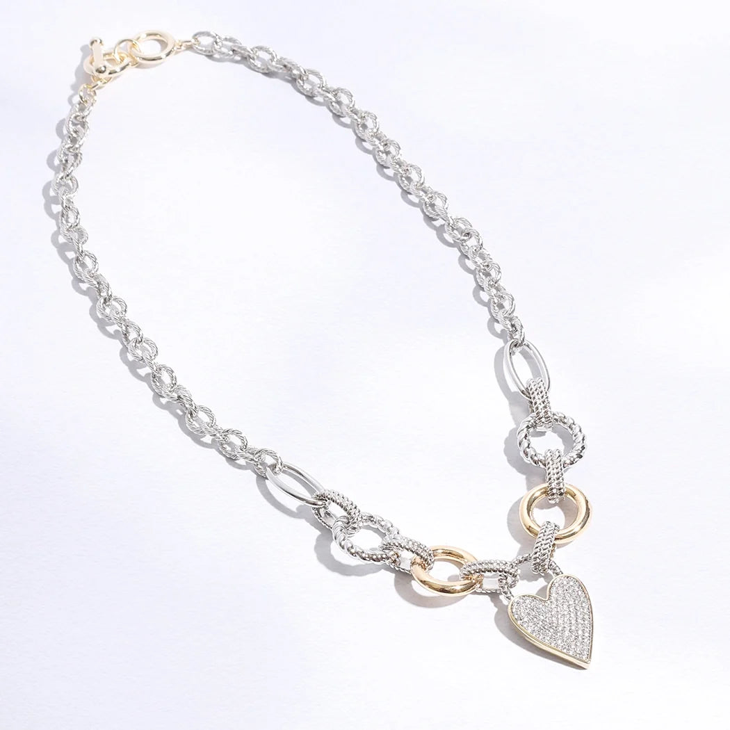 Pave Heart Charm Link Chain Necklace