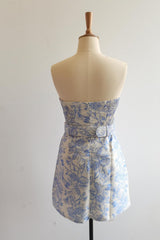Strapless Blue Floral Tight Mini Dress with Belt