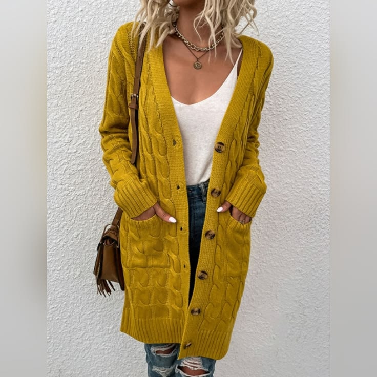 Chunky Cable-Knit Classic Button Front Longline Oversized Cardigan Patch Pockets