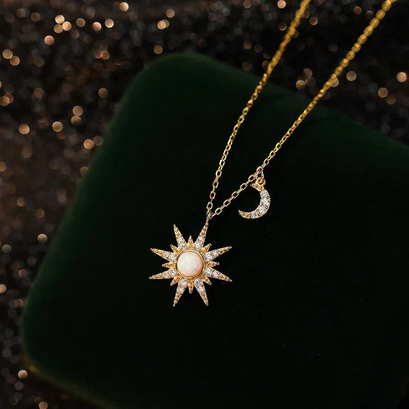 Opal Sun and Moon Dainty Pendant Necklace in 925 Sterling Silver