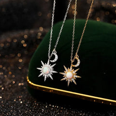 Opal Sun and Moon Dainty Pendant Necklace in 925 Sterling Silver