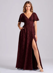 Bridesmaid Dress - Floral Burnout Pink A-Line V-Neck Floor-Length Cabernet Dress - Azazie Kimber