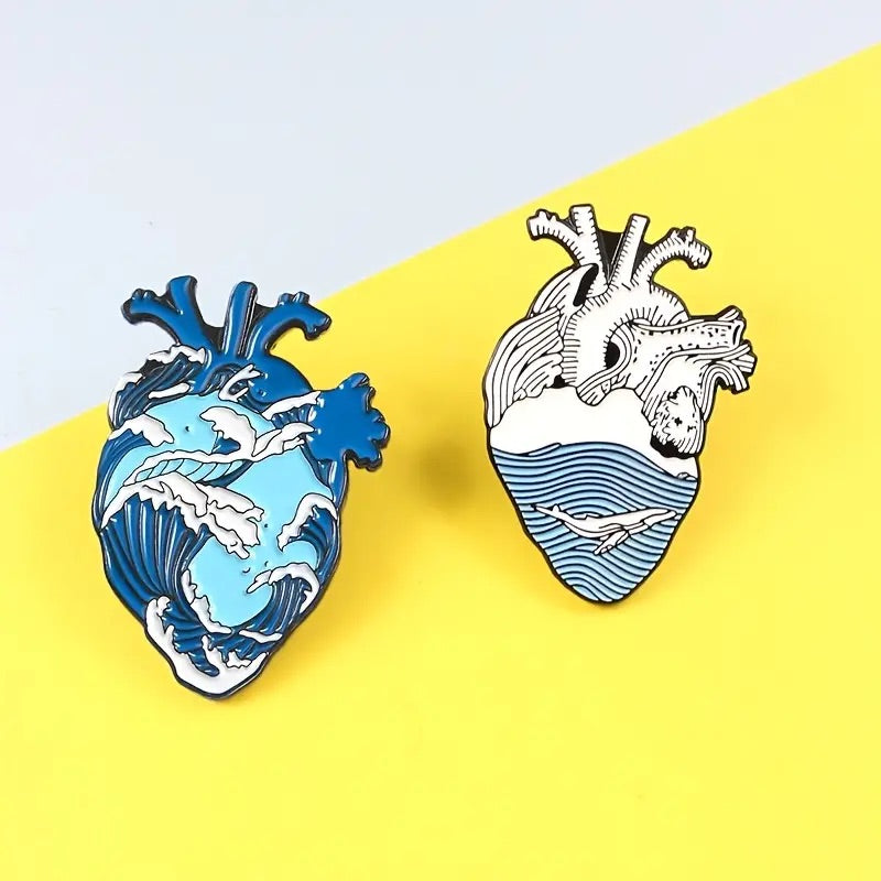 Human Heart Art Enamel Pin with Ocean Details