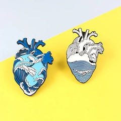 Human Heart Art Enamel Pin with Ocean Details