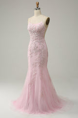 Light Pink Spaghetti Straps Appliques Mermaid Long Prom Dress