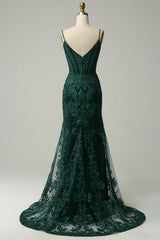 Sparkly Peacock Green Mermaid Spaghetti Straps Prom Dress With Appliques