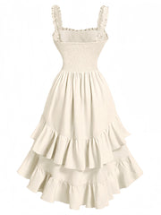 Beige 1980s Solid Ruffled Hem Suspender Dress