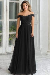 Elegant A-Line Navy Off the Shoulder Chiffon Long Mother Of the Bride Dress with Lace Appliques