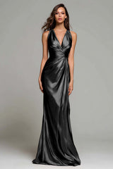 Sparkly Gold Metallic Ruched V-Neck Mermaid Long Formal Dress
