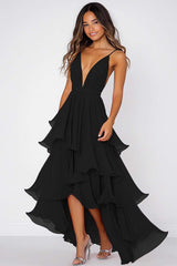 Red Deep A Line V-Neck Ruffled Long Asymmetrical Chiffon Formal Dress