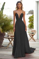 Pink Spaghetti Straps Chiffon Pleated Long Wedding Guest Dress