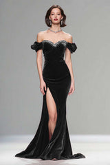 Sparkly Burgundy Velvet Mermaid Long Holiday Party Dress with Beading