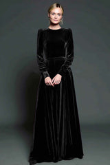 Simple Dark Purple Velvet A Line Long Holiday Party Dress with Sleeves