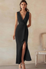 Sky Blue Satin Sheath Deep V-Neck Long Work Dress with Slit