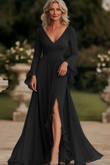A Line Dark Grey Long Chiffon Mother of the Bride Dress with Slit