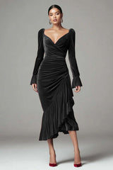Burgundy Mermaid Velvet Ruched Holiday Party Dress with Ruffles