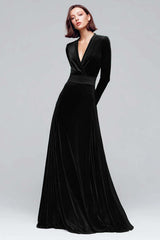 Dark Green Velvet A Line V-Neck Long Sleeves Holiday Party Dress