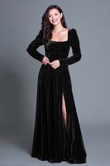 Burgundy A-Line Long Sleeves Velvet Long Holiday Party Dress with Slit