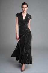 Caramel Velvet V-Neck Ruched Long Holiday Party Dress with Sleeves