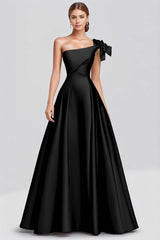 Fuchsia A-Line One Shoulder Bow Satin Long Formal Dress