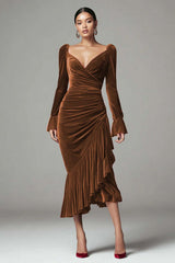 Burgundy Mermaid Velvet Ruched Holiday Party Dress with Ruffles