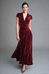 Caramel Velvet V-Neck Ruched Long Holiday Party Dress with Sleeves
