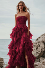 Fuchsia Tulle Tiered A Line Long Formal Dress with Ruffles