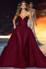 Sparkly Dark Red Strapless Sequin Long Pageant Dress with Cape