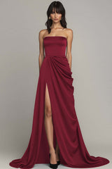 Black Strapless A Line Satin Long Formal Dress with Slit