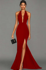 Dark Green Satin Mermaid Deep V-Neck Long Formal Dress with Slit