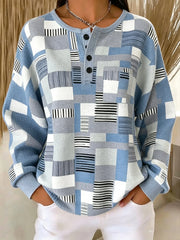 Casual Simple Geometric Henley Collar Long Sleeve Sweatshirt