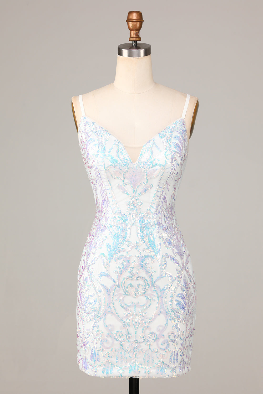 Sparkly White Sequins V Neck Bodycon Short Homecoming Dress